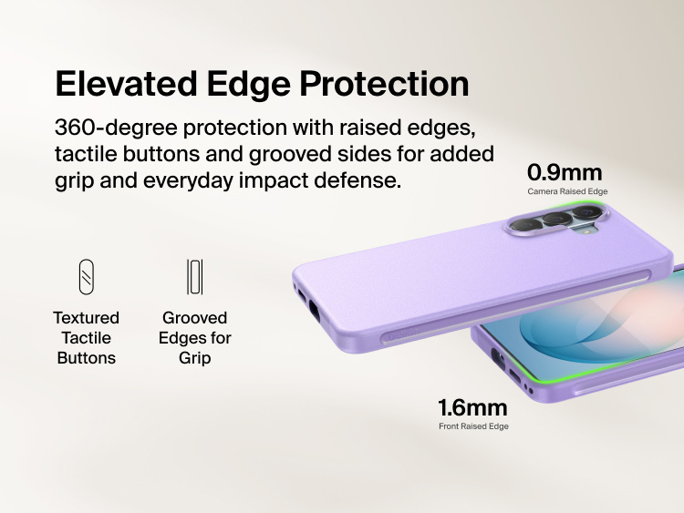 Belkin SheerForce Protect Series Case for Samsung Galaxy S26 featuring elevated edge protection with raised camera and screen edges, tactile buttons, and grooved sides for enhanced grip and everyday impact defense.