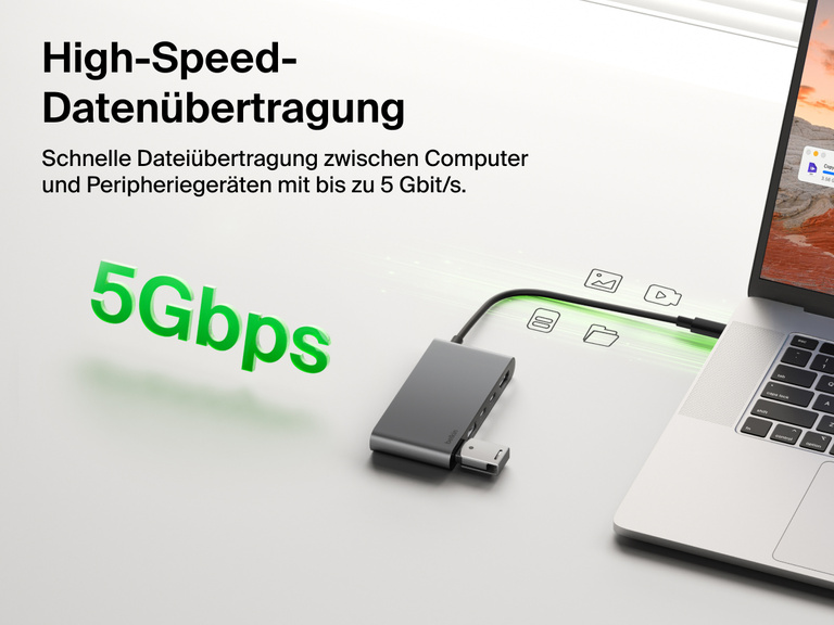 Belkin Connect 5-Port USB-C Hub with Dual USB-C Ports enables high-speed data transfer up to 5Gbps between laptop and connected devices.