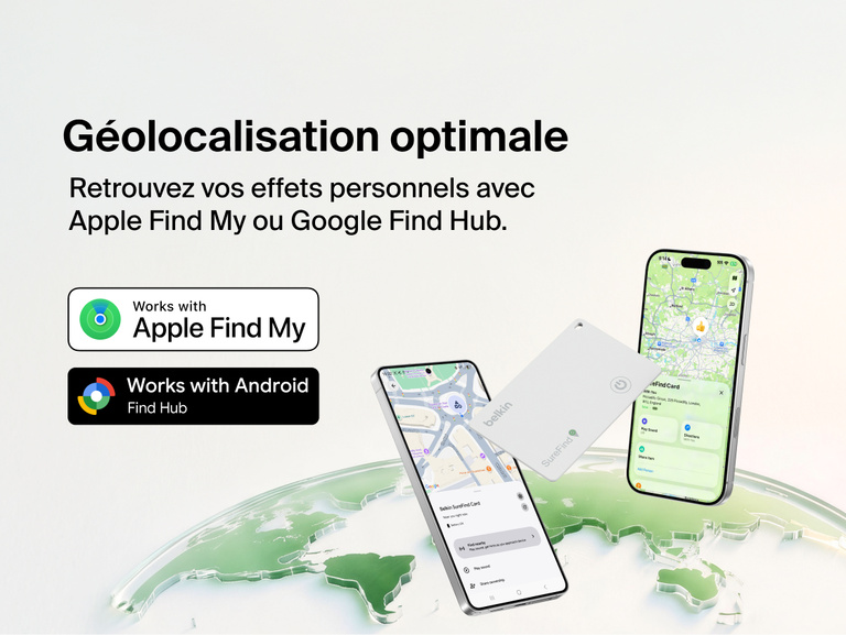 Image de la carte Bluetooth Belkin&nbsp;SureFind et de smartphones pour illustrer les applis de navigations compatibles avec Apple&nbsp;Find&nbsp;My et Google&nbsp;Find&nbsp;Hub.
