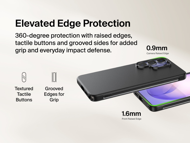 Belkin SheerForce Protect Series Case for Samsung Galaxy S26 featuring elevated edge protection with raised camera and screen edges, tactile buttons, and grooved sides for enhanced grip and everyday impact defense.