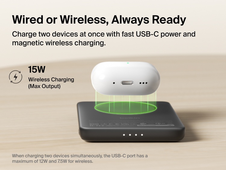 Belkin BoostCharge Slim Magnetic Power Bank 5K with Qi2 providing up to 15W magnetic wireless charging for compatible devices in a slim, portable power bank design.