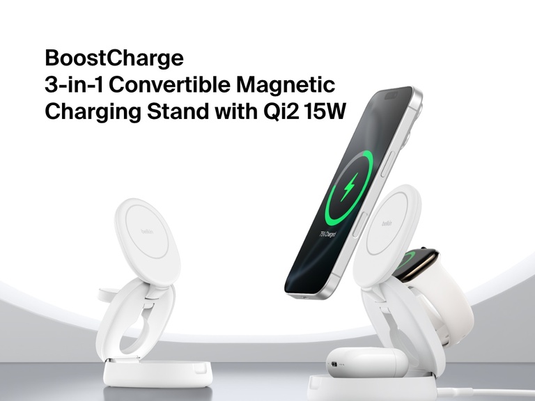 Belkin BoostCharge 3-in-1 Compact Magnetic Charging Stand shown charging an iPhone, Apple Watch, and AirPods with Qi2 15W fast wireless charging.
