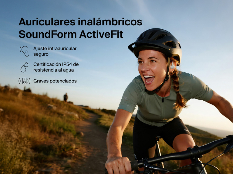 Belkin SoundForm ActiveFit Wireless Earbuds with secure in-ear fit, IP54 water resistance, and bass boost, shown on a cyclist outdoors.