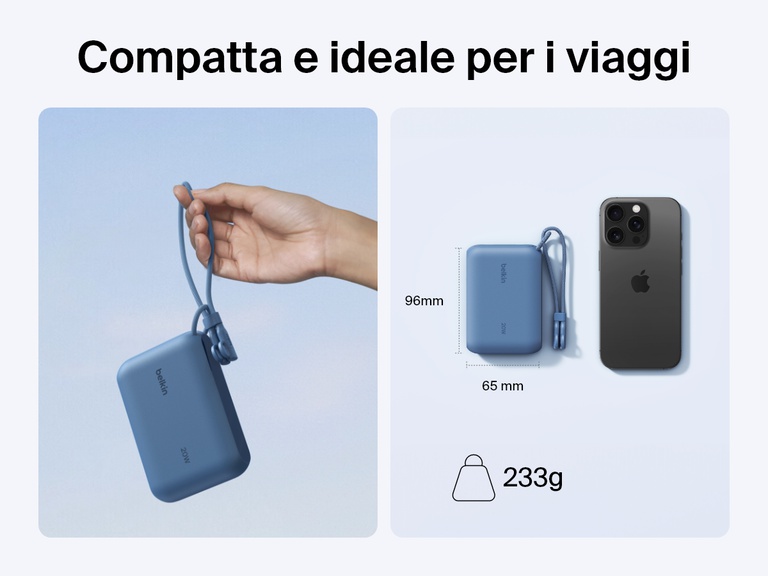 Una mano che impugna la power bank 10K con display BoostCharge Belkin, con accanto uno smartphone, a evidenziare il design ideale per i viaggi, con dimensioni di 9 x 6,5 cm e un peso di soli 233 g.