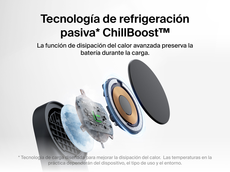 El cargador magnético plegable 2 en 1 con Qi2 25W Belkin UltraCharge incluye tecnología de refrigeración pasiva ChillBoost™ que ofrece una disipación del calor avanzada para preservar la batería del dispositivo conectado durante el proceso de carga.