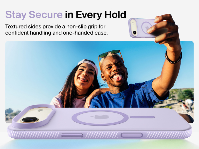 Belkin SheerForce Grip Series Case for iPhone 17 with military-grade drop protection and textured non-slip grip.