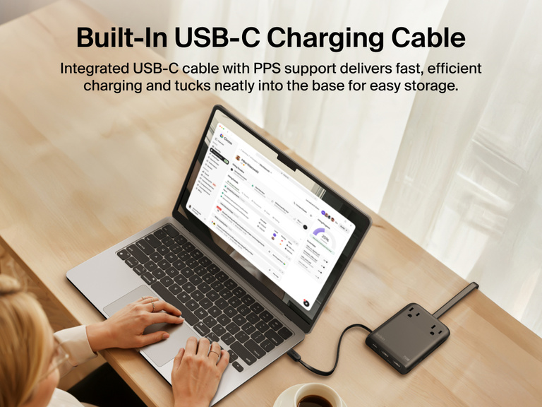 Belkin 2-Outlet Charging Station with USB ports and USB-C cable 70W shown powering a laptop with built-in USB-C cable for fast, efficient charging.