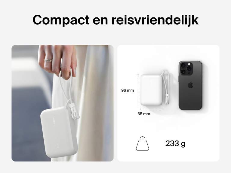 De Belkin BoostCharge 10.000mAh-powerbank met display is afgebeeld in een hand en naast een smartphone, om de compacte, reisvriendelijke vormgeving met afmetingen van 96 x 65 mm en een gewicht van slechts 233 g te benadrukken.