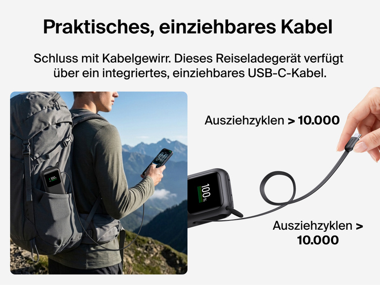 Die UltraCharge Powerbank 11K mit einziehbarem Kabel befindet sich w&auml;hrend einer Wanderung in einer Rucksacktasche und l&auml;dt ein Smartphone. Daneben ist das einziehbare Kabel abgebildet, das f&uuml;r mehr als 10.000 Ausziehzyklen ausgelegt ist.