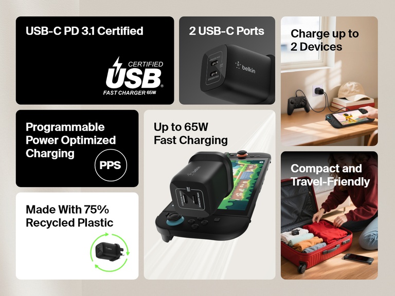 Infographic highlighting features of the Belkin Gaming Dual USB-C Wall Charger 65W, including USB-C PD 3.1 certification, PPS fast charging, dual device support, and Nintendo Switch 2 compatibility.