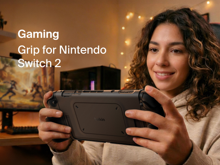 Belkin Gaming Grip for Nintendo Switch 2 with ergonomic detachable grips, dock compatibility, kickstand support, and textured anti-slip design for comfortable gameplay.