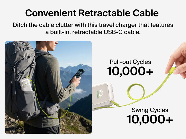 UltraCharge Power Bank 11K with Retractable Cable tucked in a backpack pocket while charging a phone during a hike, shown next to its retractable cable rated for over 10,000 pull-out cycles