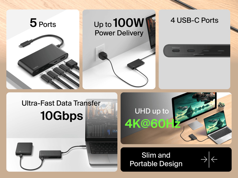 Belkin Connect 5-Port USB-C Hub with 4K HDMI offers 100W power delivery, 10Gbps data transfer, and slim portable design.