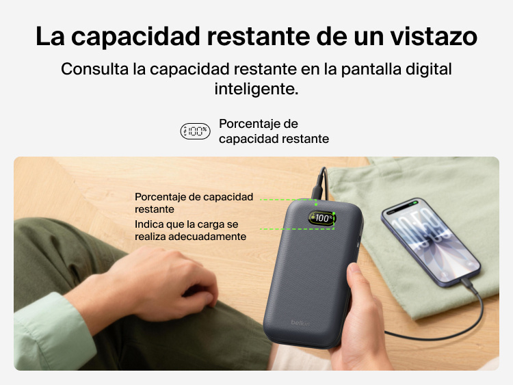 UltraCharge Pro Laptop Power Bank 27K with digital battery percentage display showing real-time power levels while charging a smartphone