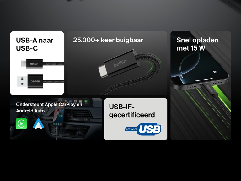 Infographic die de nadruk legt op de Belkin BoostCharge 15 W USB-A naar USB-C-kabel die bestand is tegen meer dan 25.000 buigen, USB-IF-gecertificeerd is, een laadvermogen van 15 W en Apple CarPlay en Android Auto ondersteunt.