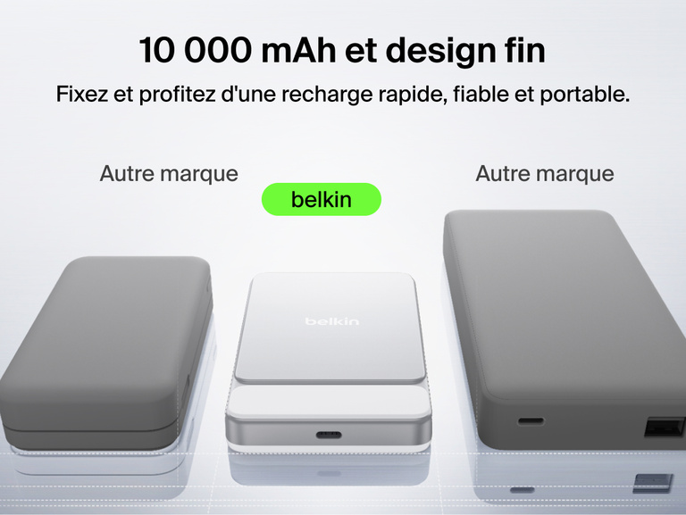 Belkin UltraCharge Slim Magnetic Power Bank 10K highlighting premium aluminum finish, ergonomic grip, soft-touch magnetic surface, digital display, and portable wireless charging design