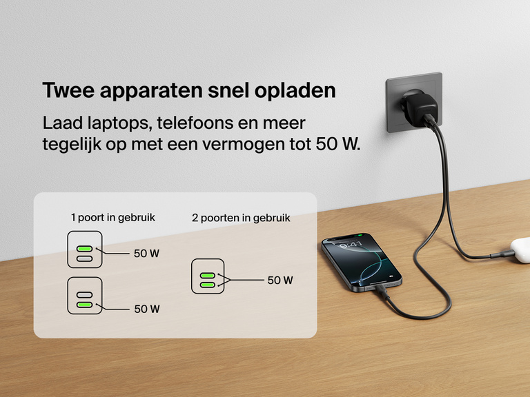 Belkin BoostCharge Pro 2-poorts USB-C GaN-wandlader van 50 W die is aangesloten op een stopcontact en gelijktijdig een smartphone en draadloze oortjes oplaadt, afgebeeld met een diagram dat snelle stroomvoorziening toont voor één of twee apparaten.
