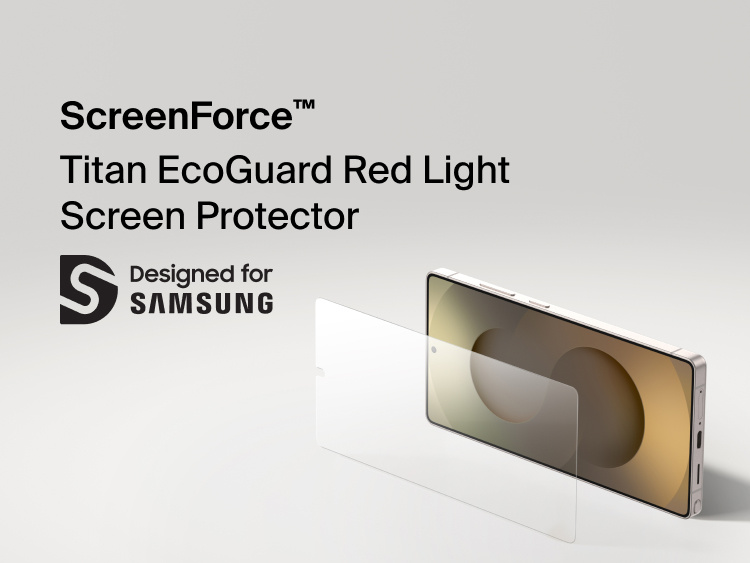 Belkin ScreenForce Titan EcoGuard Red Light Screen Protector designed for Samsung Galaxy S26, shown applying durable screen protection that helps reduce blue light exposure while preserving display clarity.