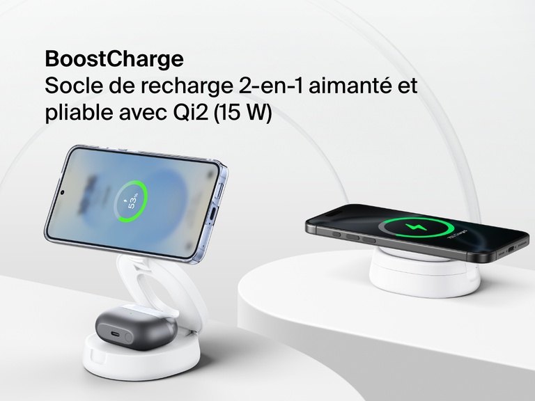 Belkin BoostCharge 2-in-1 Convertible Magnetic Charging Stand with Qi2 15W shown charging a smartphone and wireless earbuds in both upright and flat configurations.