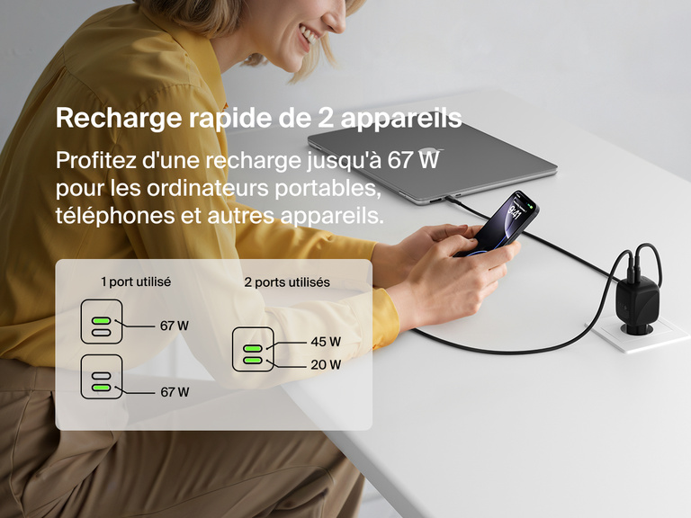Image du chargeur secteur GaN à deux ports USB-C Belkin BoostCharge Pro (67 W) en train de recharger un ordinateur portable et un smartphone, offrant une recharge rapide et efficcace de 67 W max.