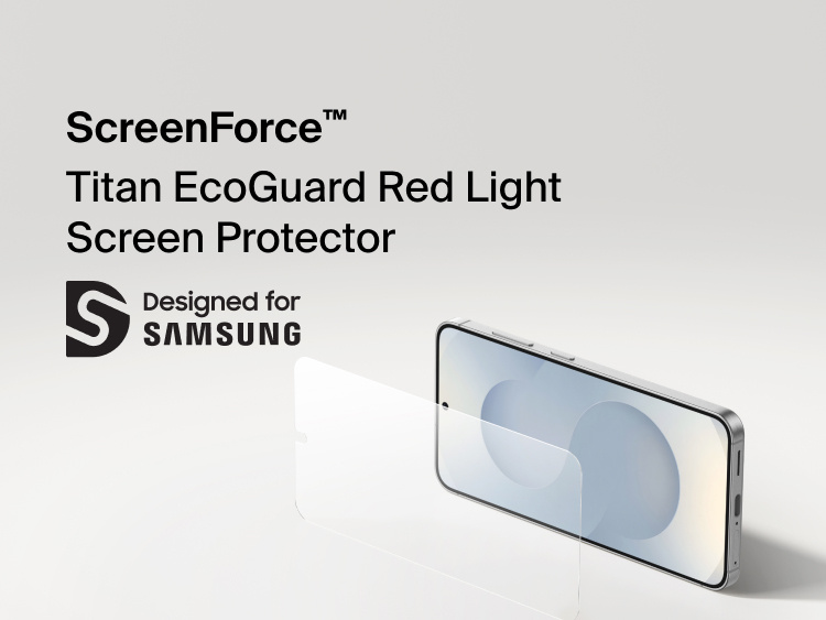 Belkin ScreenForce Titan EcoGuard Red Light Screen Protector designed for Samsung Galaxy S26, shown applying durable screen protection that helps reduce blue light exposure while preserving display clarity.