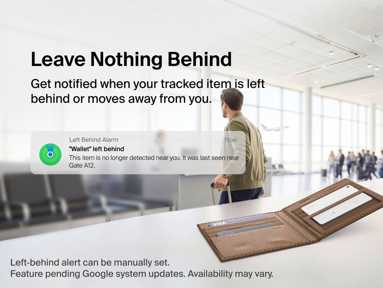 Belkin SureFind Card inside a wallet at an airport illustrates left-behind alerts that notify users when a tracked item is left behind or moves away.