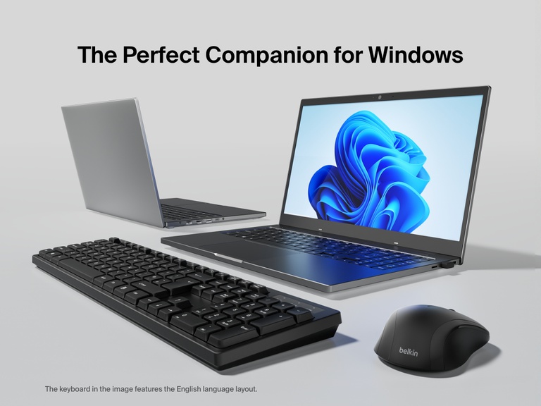 The Belkin Connect Wireless Keyboard and Mouse Combo is displayed alongside two Windows laptops, emphasizing compatibility with Windows operating systems.