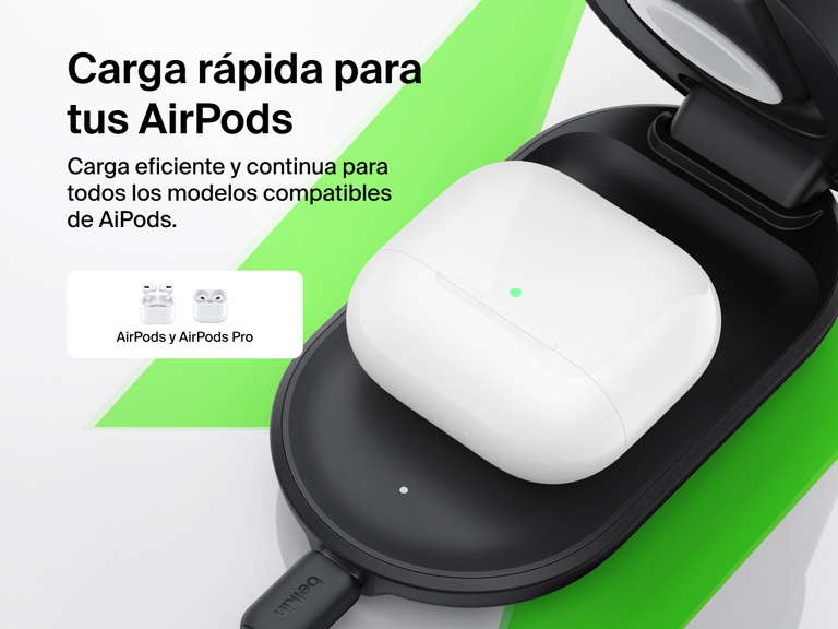 El cargador magnético plegable 3 en 1 con Qi2 25W Belkin UltraCharge proporciona carga inalámbrica rápida para AirPods y AirPods Pro con una gran compatibilidad.