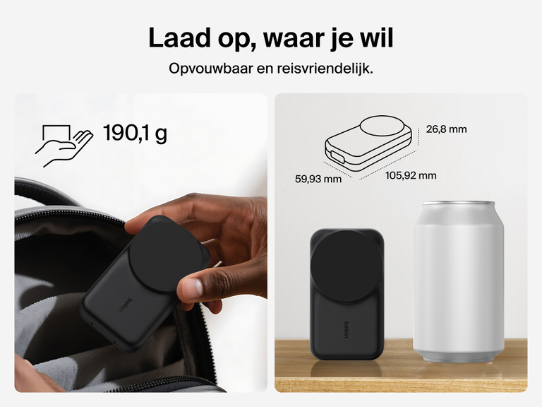 De Belkin UltraCharge 3-in-1 uitklapbare magnetische lader met Qi2 25W heeft een compact, reisvriendelijk ontwerp, weegt 190 gram en is gemakkelijk mee te nemen.