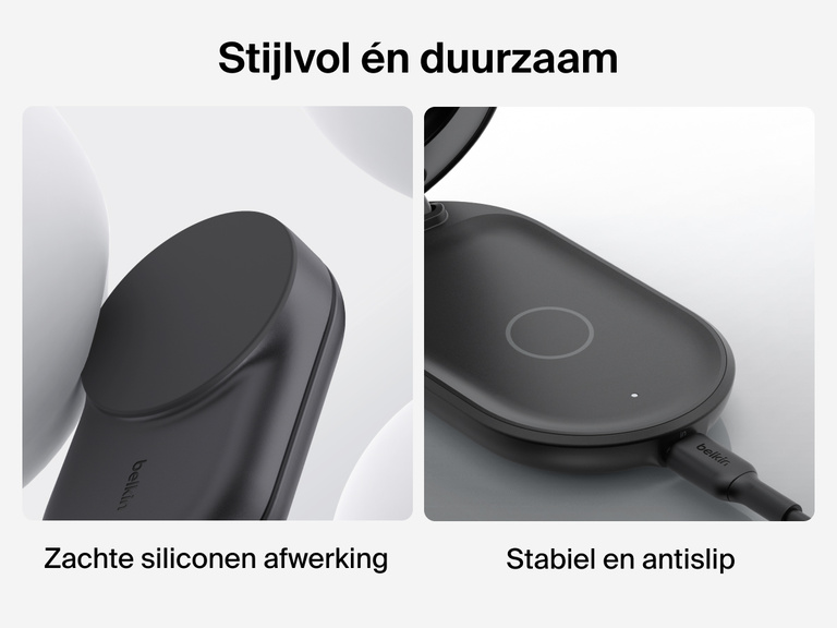 De Belkin UltraCharge 3-in-1 uitklapbare magnetische lader met Qi2 25W heeft een zachte siliconen afwerking en een stabiele antislipvoet voor duurzaam en veilig draadloos opladen.
