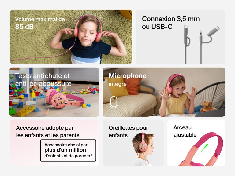 Collage of images highlighting key features of the Belkin Wired On-Ear Headphones for Kids, including an 85dB volume limit, USB-C and 3.5mm connection, built-in microphone, drop and spill resistance, plush kid-sized earcups, and adjustable headband.