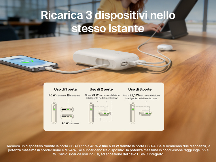 Belkin UltraCharge 10K power bank with integrated USB-C cable and digital display charging up to three devices simultaneously with smart power sharing
