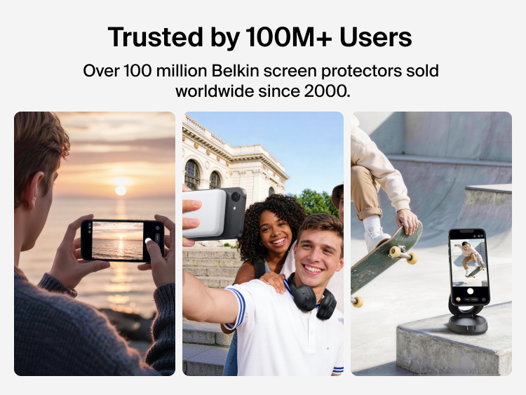 Belkin ScreenForce TemperedGlass screen protector for iPhone 17e highlighted with lifestyle photography and messaging showcasing 100M+ users and durable everyday screen protection