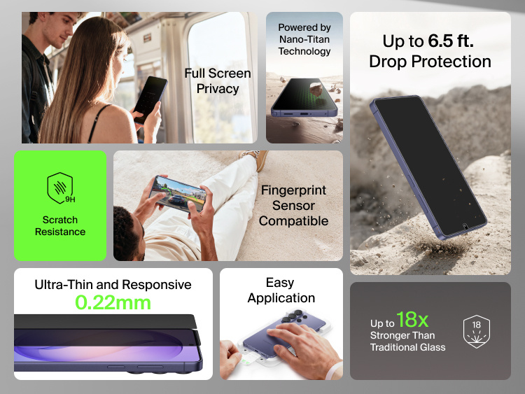 Belkin ScreenForce Titan SmartShield Privacy Filter Screen Protector for Samsung Galaxy S26 highlighting full-screen privacy, fingerprint sensor compatibility, 9H scratch resistance, up to 6.5 ft drop protection, ultra-thin 0.22 mm design, and easy application powered by Nano-Titan technology.