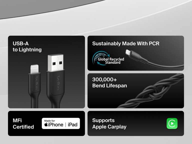 Infographic highlighting the Belkin BoostCharge USB-C to USB-C Cable 240W with up to 240W fast charging, 25,000+ bend durability, Apple CarPlay and Android Auto support, and USB-IF certification.