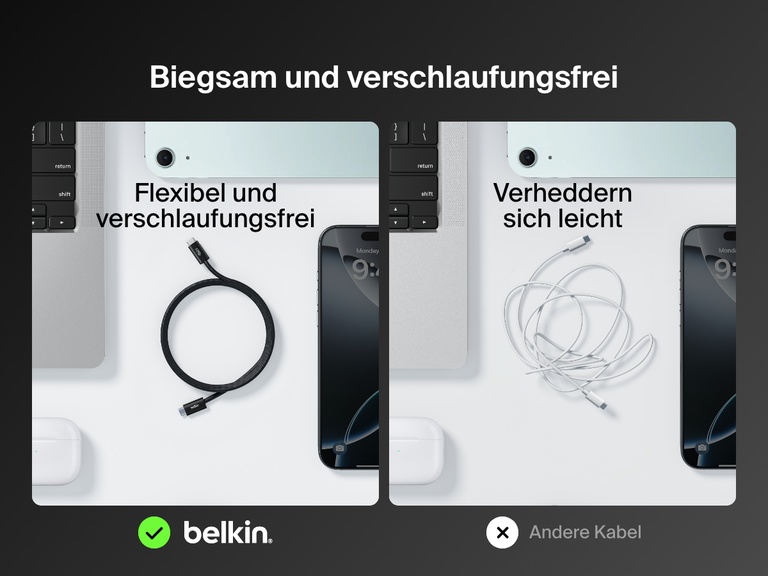 Ein Belkin BoostCharge USB C auf USB C Kabel (60 W) wird zum Vergleich neben einem Standardkabel gezeigt. Es verheddert sich nicht so leicht und ist weich und flexibel.