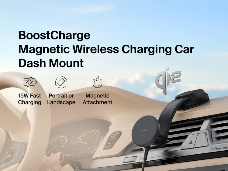 Belkin BoostCharge Magnetic Wireless Charging Car Vent Mount shown secured in a vehicle, featuring Qi2 fast charging and magnetic attachment for hands-free use.