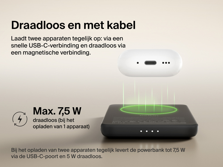 Belkin BoostCharge Slim Magnetic Power Bank 5K shown wirelessly charging earbuds, demonstrating 7.5W max magnetic wireless charging for single-device power.