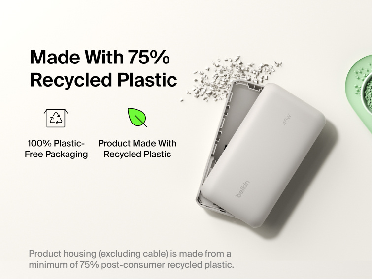 Belkin UltraCharge 20K 45W power bank with integrated cable made with recycled materials and plastic-free packaging for a more sustainable charging solution