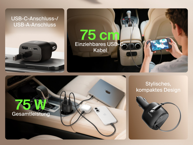 Abbildung des Belkin BoostCharge Kfz-Ladegeräts mit einziehbarem Kabel 75-cm-USB-C-Kabel (75 W) mit USB-C- und USB-A-Anschluss in stylischem, kompaktem Design zum Laden von Geräten unterwegs.