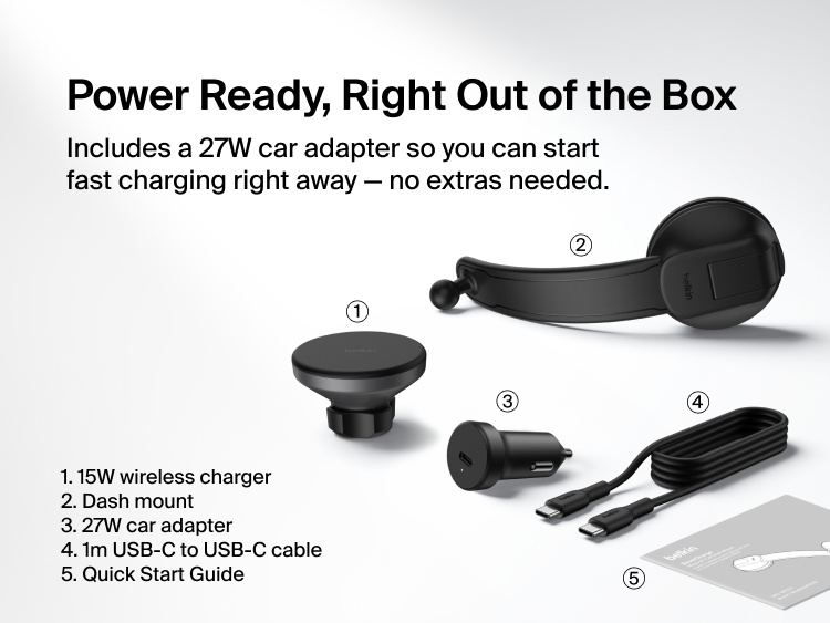 Belkin BoostCharge Magnetic Wireless Charging Car Vent Mount shown with included 15W charger, dash mount, 27W car adapter, USB-C cable, and quick start guide for immediate setup.