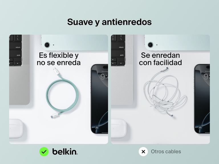 Imagen en paralelo mostrando el cable USB-C a USB-C de 60 W Belkin BoostCharge, haciendo hincapié en sus cualidades de suavidad, flexibilidad y antienredos, en comparación con otros cables convencionales que se enmarañan con facilidad.