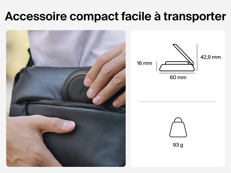 Image du chargeur magn&eacute;tique Qi2 25 W Belkin UltraCharge compact, portable, facile &agrave; emporter gr&acirc;ce &agrave; ses dimensions et &agrave; son poids l&eacute;ger.