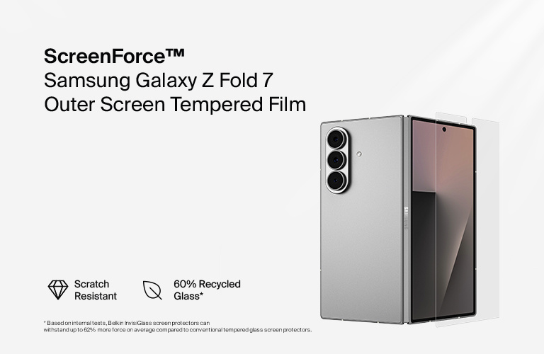 Marketing image of the Belkin ScreenForce InvisiGlass Treated Screen Protector for Samsung Galaxy S25 Edge, highlighting features like scratch resistance, 360° screen protection, and construction with 60% recycled glass. A phone with the screen protector is shown on the right.