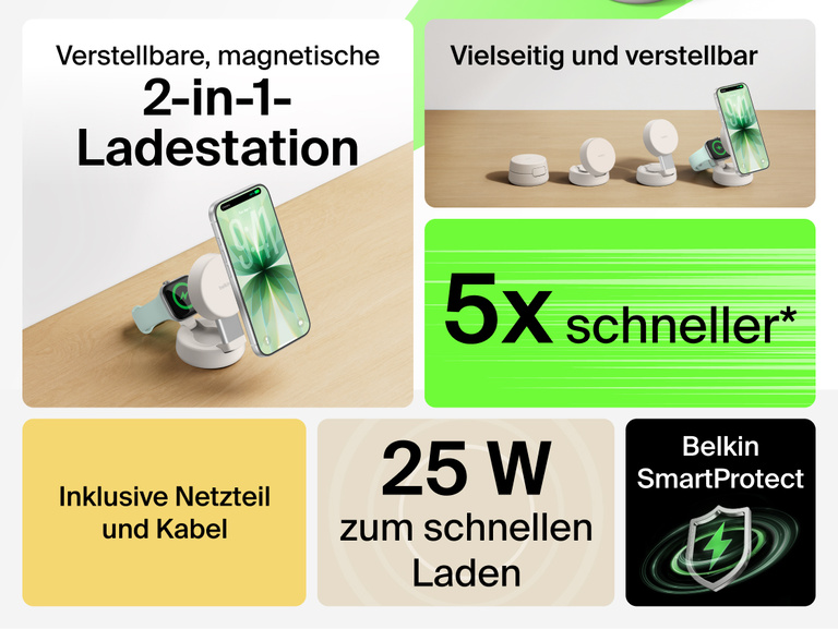 Die Belkin UltraCharge Pro verstellbare, magnetische 2-in-1-Ladestation mit Qi2 25W ist flexibel und l&auml;sst sich leicht anpassen. Ger&auml;te lassen sich sicher magnetisch andocken. Induktives Laden erfolgt 5-mal schneller und Netzteil und Kabel sind enthalten.