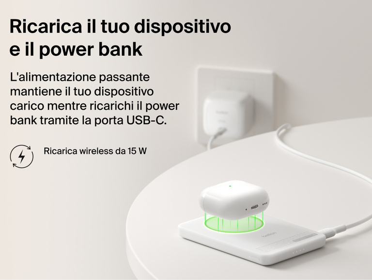 Belkin BoostCharge Slim Magnetic Power Bank 5K with Qi2 demonstrating pass-through charging, wirelessly powering a device while the power bank recharges via USB-C.