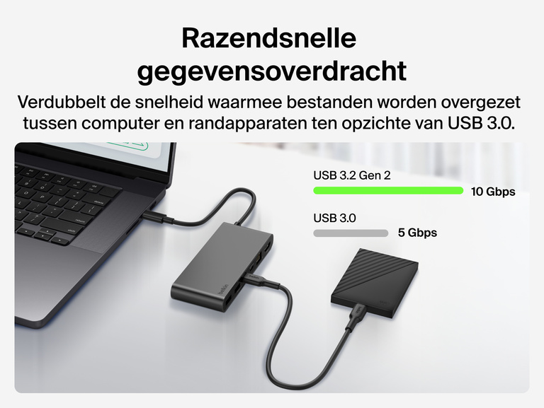 Belkin Connect 8-poorts USB-C-hub met 2,5 Gb Ethernet-poort verbonden met een laptop en een externe schijf ter illustratie van de USB 3.2 Gen 2-prestaties met hoge gegevenssnelheden van 10 Gbps.