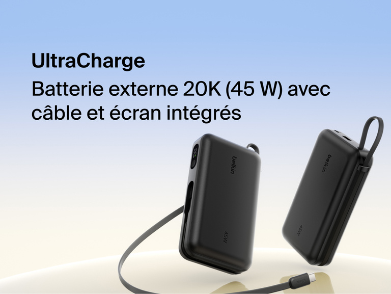 Belkin UltraCharge 20K 45W power bank with integrated USB-C cable and digital display showing portable high-capacity fast charging solution