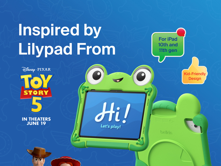 Disney Toy Story 5 Lilypad Case for iPad 10th and 11th Gen with frog-inspired design holding tablet displaying &ldquo;Hi! Let&rsquo;s play!&rdquo; and Toy Story 5 branding with kid-friendly design callout