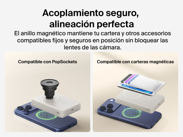 Slim Magnetic Power Bank 10K with Qi2 magnetically attached to smartphone demonstrating secure alignment and compatibility with PopSockets and magnetic wallet accessories
